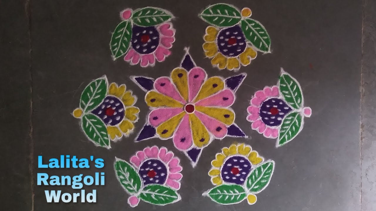 Simple Flower with Leaf Rangoli Design | Easy and Beautiful Rangoli Ideas | Aripana & Kalam