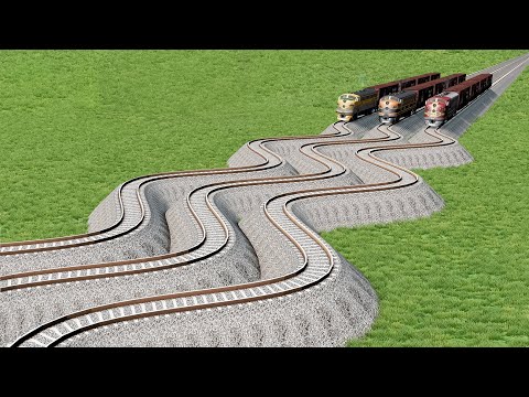 Impossible Three Trains Crossing Curved Snake Shape Rail Tracks - BeamNG.Drive