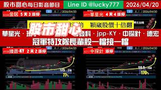0420【甜心盤後節目】【冠軍特攻隊長輩股一檔接一檔】狂賀健策榮登第26檔長輩股！穎崴十倍翻，華星光．環宇-KY．金居．聯發科．jpp-KY．中探針．德宏