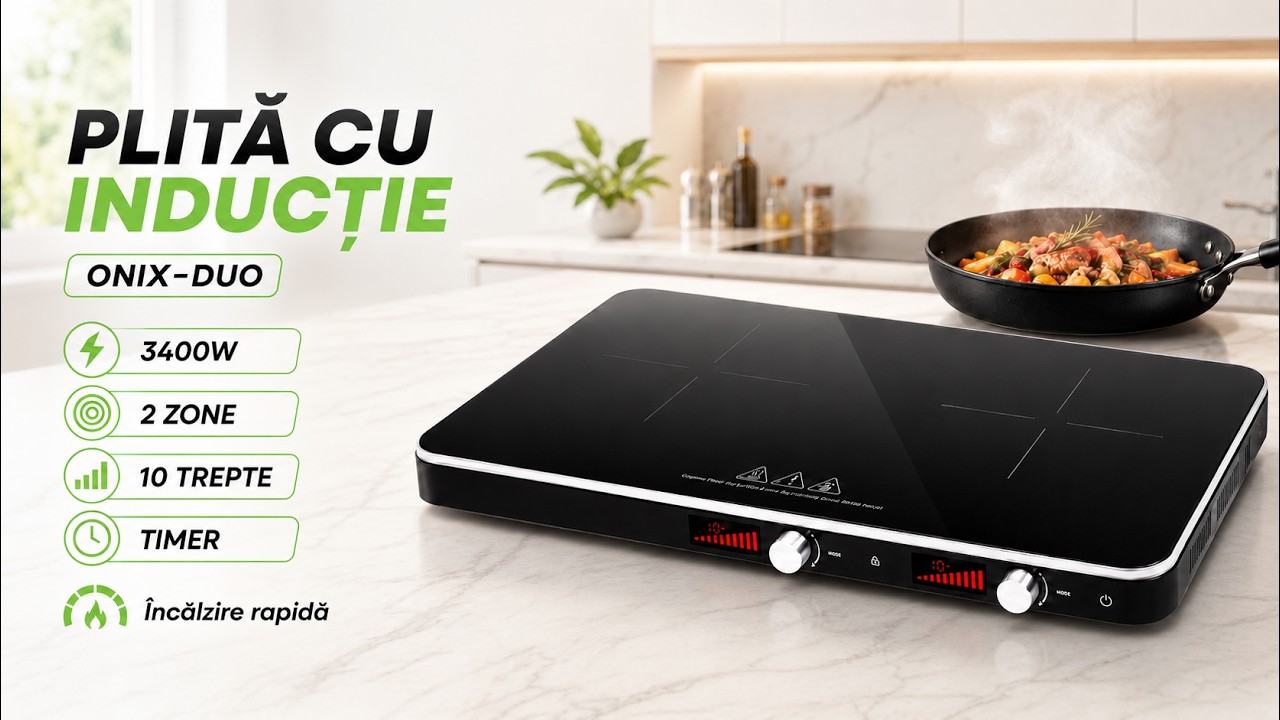 Plită cu inducție ONIX-DUO, 3400 W, 2 zone de gătire, 10 trepte de putere, timer