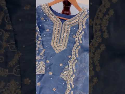 Dusty Blue Pure Organza Heavy Embroidered Kurta Palazzo Set with Sequins, Coding Dori & Moti Handwork Dupatta