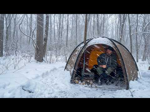 Solo Hot Tent Camping in an INSANE BLIZZARD and Freezing Temps
