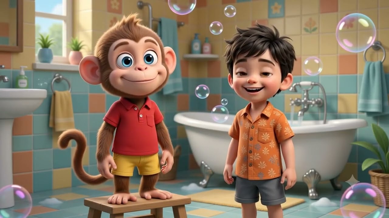 चिकू आणि गोलू: छपाक-छपाक अंघोळ! 🧼🐒