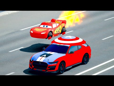 Lightning McQueen Spacecraft vs Ford Mustang Captain America - Drag Race 20 KM