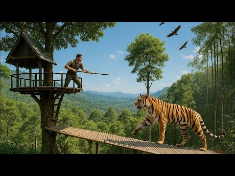 🎣 30-Day Solo Survival: Camping in the Rain, Fishing, and Bushcraft Shelter Under a Fallen Tree 🌧️