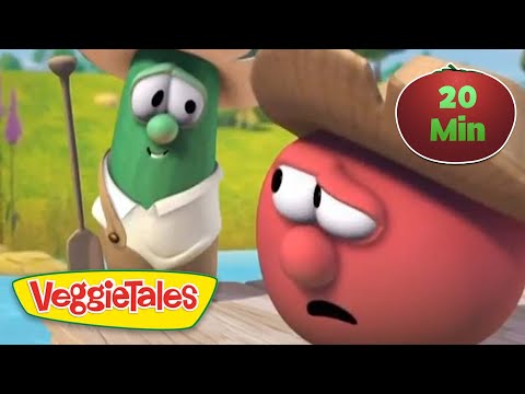 Animated VeggieTales scene with a green cucumber and a red tomato on a boat; a '20 Min' badge in the corner.