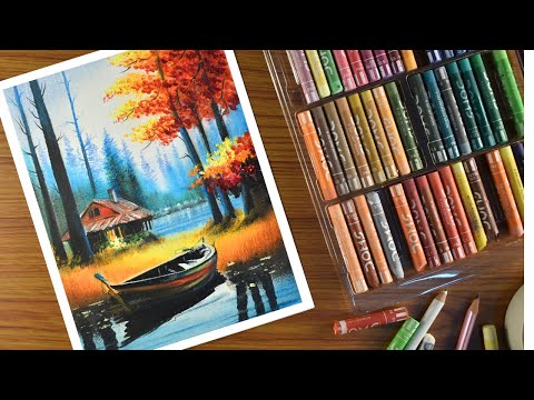 Oil Pastel Landscape Drawing - step by step / Forest cabin scenery Painting with Oil Pastel