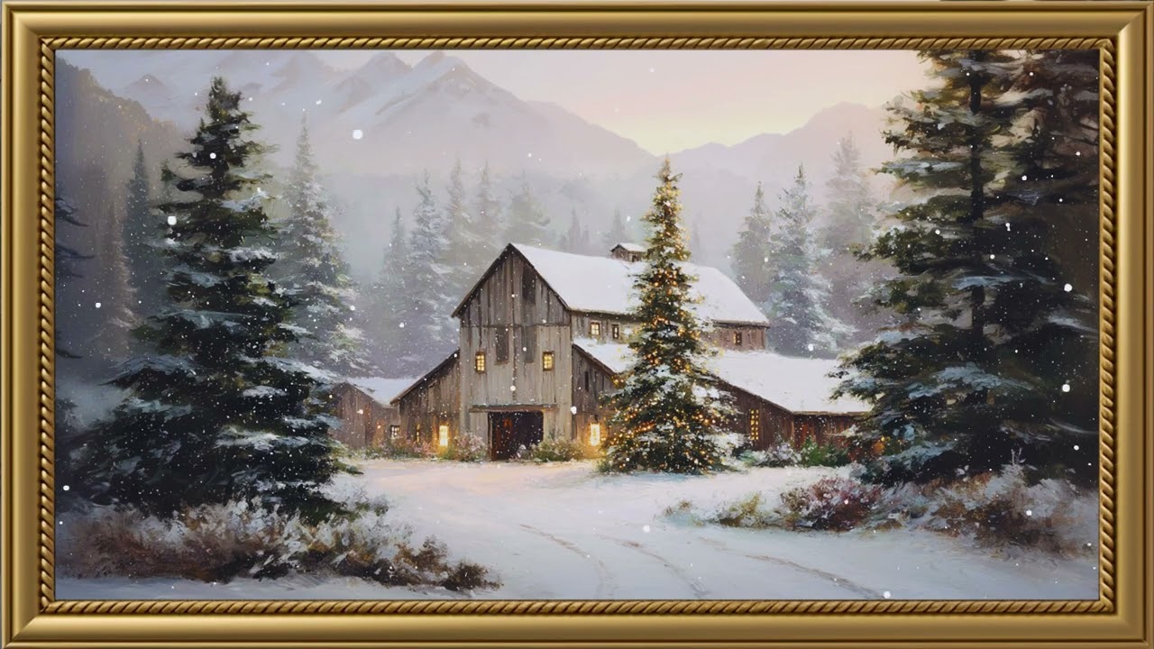 Vintage Winter Barn of Lights Painting | Gold Frame TV Art | Art Screensaver for TV | Wallpaper