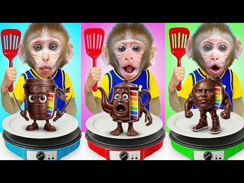 Macaco JOJI faz gelatina arco íris e chocolate food challenge com macaquinho | JOJI Em Português