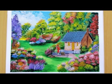 Cottage house with flowery garden 🏡 🌺 || scenery acrylic painting