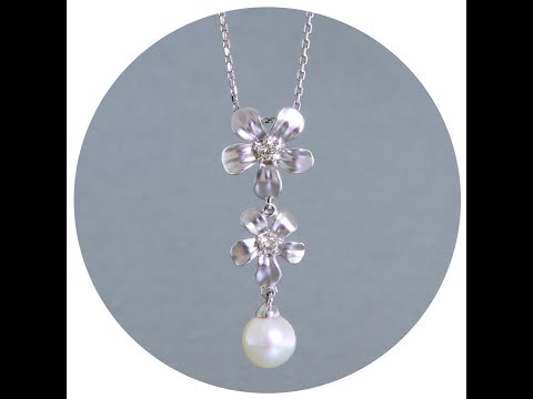  Pandantiv cu Lantisor Aur Alb 14k - Flori cu Diamante si Perla de Cultura Naturale