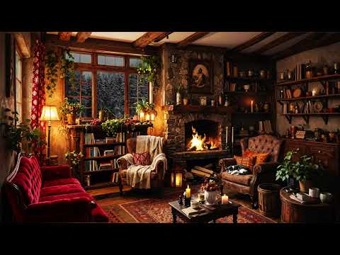 Peaceful Winter Night in Cozy Nook with Fireplace and Soothing Music