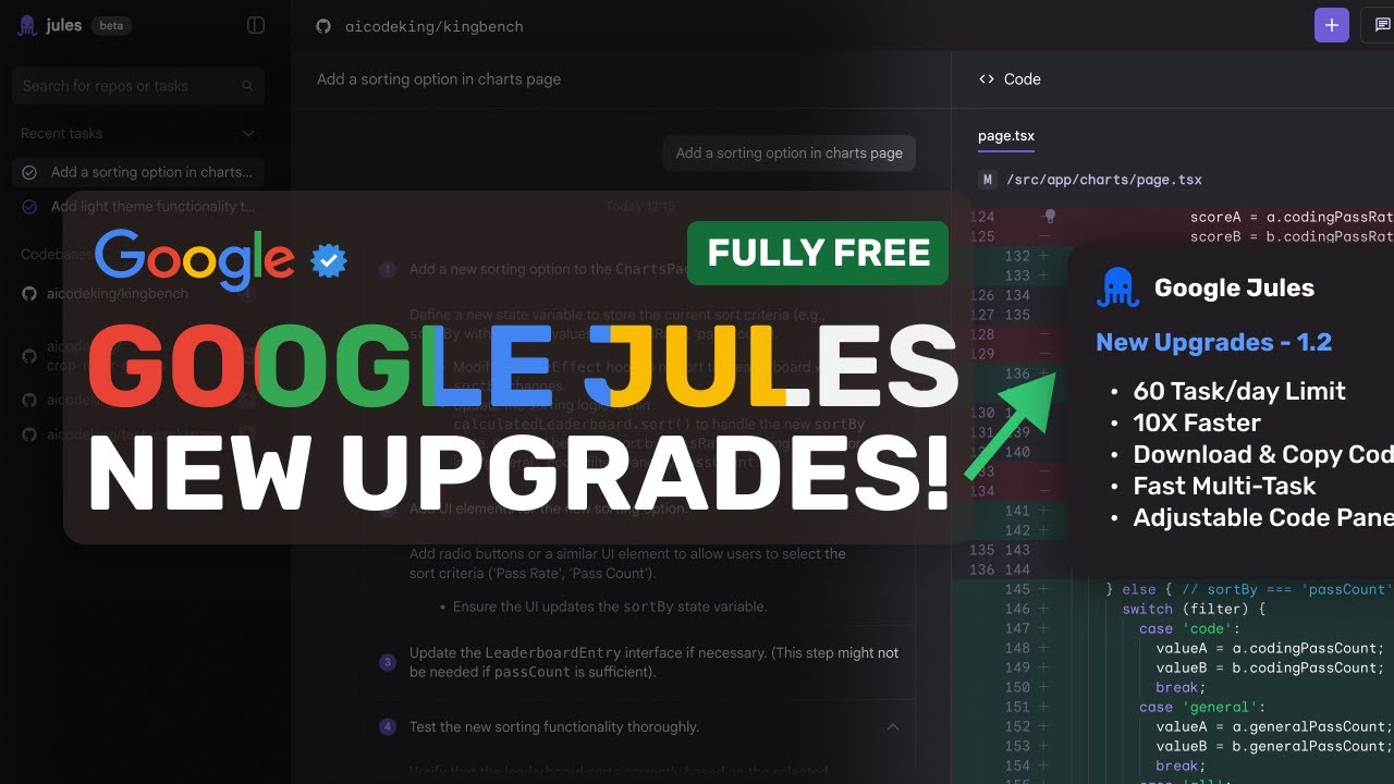 Google Jules 1.5 (New Upgrades): This FULLY FREE AI Coder just got a 60X Limit Increase & 10X Faster