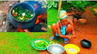 Typical African villagelife cooking 🔥 WILD VEGETABLE SOUP +green_BANANA.
