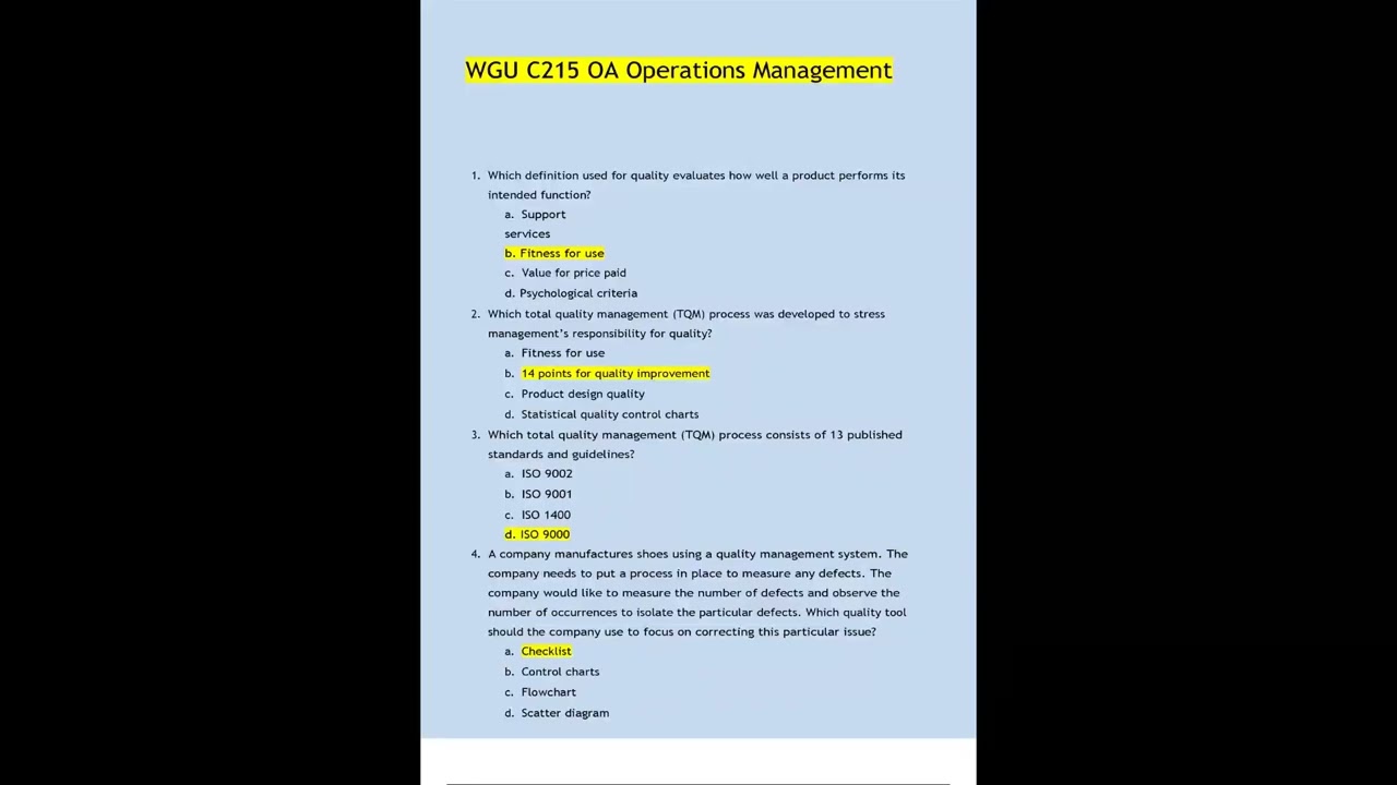 WGU C215 OA OPERATIONS MANAGEMENT QUESTIONS AND ANSWERS 2022 2023 VERIFIED ANSWERS