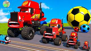4 MONSTER TRUCKS vs Big & Small Long Mack Truck with Ball vs Train Thomas - BeamNG.Drive