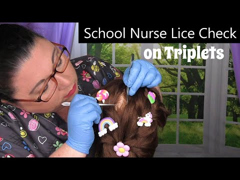 ASMR School Nurse Lice Check on Triplets but 1 infested (Lice Treatment, Lice Removal) Medical RP