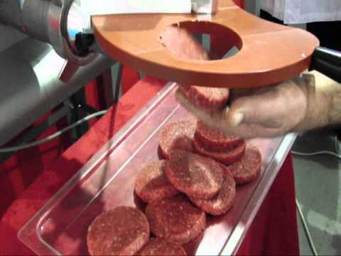 Hamburgatrice Sirman FORMAT S montata su tritacarne - Burger maker former press meat mincer grinder