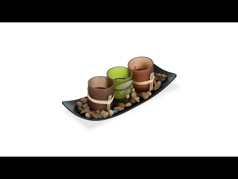 Teelichthalter Set mit Tablett Schwarz - Braun - Grün - Holzwerkstoff - Glas - Stein - 26 x 8 x 10 cm