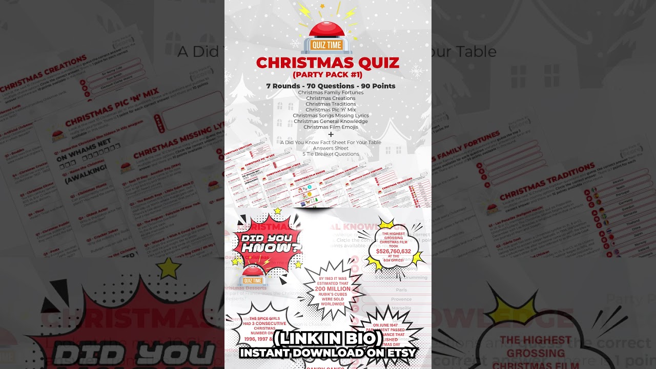 Christmas Variety Quiz - Instant Printable Downloadable PDF - Great For Team Days Or Family Fun