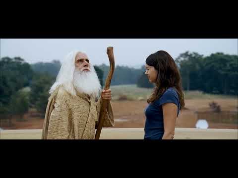 Montage-like trailer still: tools, lumber, and rising ark ribs against a blue sky