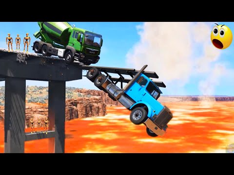 OMG The truck jumps into the fire lava River | broken bridge | Jumping out of the bridge @tatootoy4539