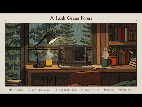 a morning waking up to a lush green forest with gentle sound of rain