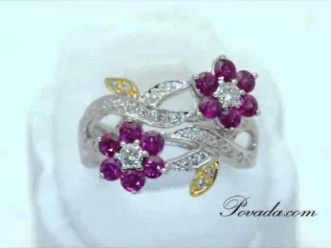 Ruby Diamond Gemstone Flower Ring in White Gold [R5281R]