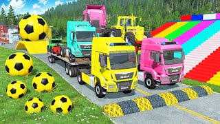 Flatbed Trailer McQueen Transportation with Truck - Speedbumps vs Cars vs Train - BeamNG.Drive #577