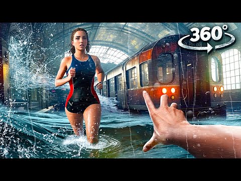 360° TRAIN STATION FLOOD 1 - Escape Tsunami Wave with Girlfriend VR 360 Video 4k ultra hd