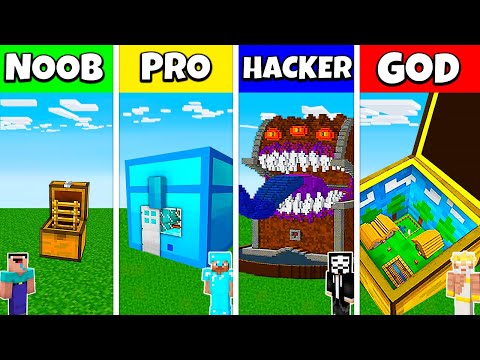 EPIC MINECRAFT BATTLE: NOOB vs PRO vs HACKER vs GOD - INSIDE CHEST HOUSE BASE BUILD CHALLENGE