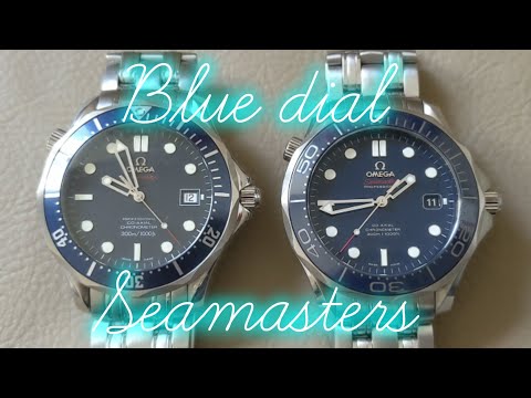 Blue dial Omega Seamaster watches compared side-by-side: co-axial 2220.80 vs. ceramic bezel SMPc