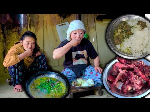 Buff bones soup recipe and rice cooking & eating in the village || nepali mountain village life food