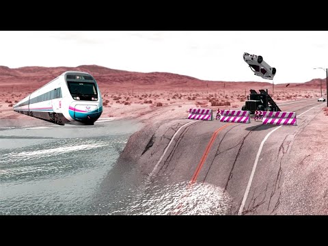 Cars and Ramp Truck vs Huge Pit and Trains | BeamNG.Drive