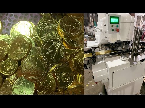 #Chocolategcoin Chocolate gold coin wrapping machine testing with 38mm coins #chocolatemoneywrapper