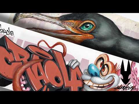 Greg CRAOLA Simkins paints a Cormorant and Stimpy over 2 Wet Paint Signs