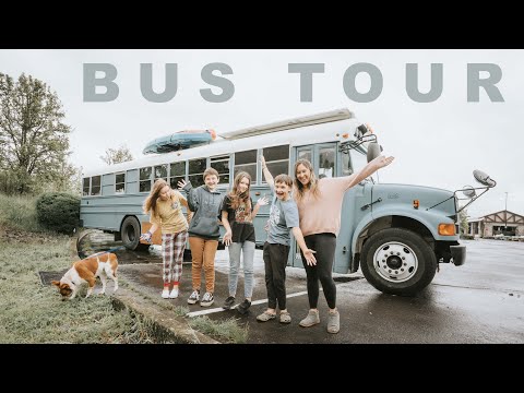 Mom and 4 Kids Live In A Skoolie On The Road Full Time! - BUS TOUR