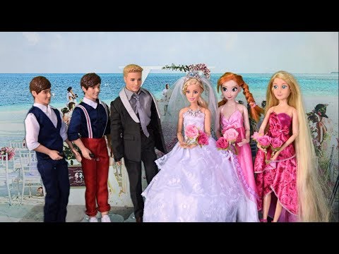 Barbie Ken Beach Wedding Disney Princess Rapunzel Anna Morning Routine Chelsea Pink Dress