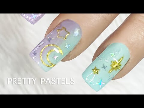 Pastel mint & lilac Celestial Moon & Stars Short Acrylic Nail Design