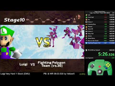 Super Smash Bros. Luigi, Very Hard 1 Stock No Continues - 07:58.710 (EMU) [WR]