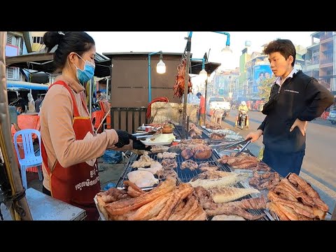 Exploring Yummy Cambodian Street Foods in the evening @Orussey Market