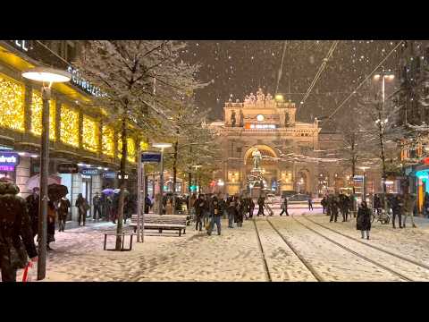 Zurich Heavy Snowfall Christmas lights walk 🌨 ❄️ Snowstorm 4K winter walking tour Switzerland 🇨🇭