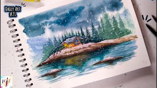 Frosty Snow Fall Winter Evening Watercolor Painting / Cottage Near Lake Painting / Paint It