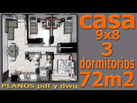 Casa de 72 m2. Plano de vivienda con 3 dormitorios, 1 baño, sala, comedor, cocina y lavado 9x8
