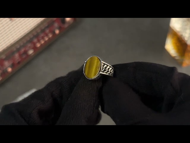 خاتم رجالي فضة بحجر عين النمر بتصميم السلاسل المتش...