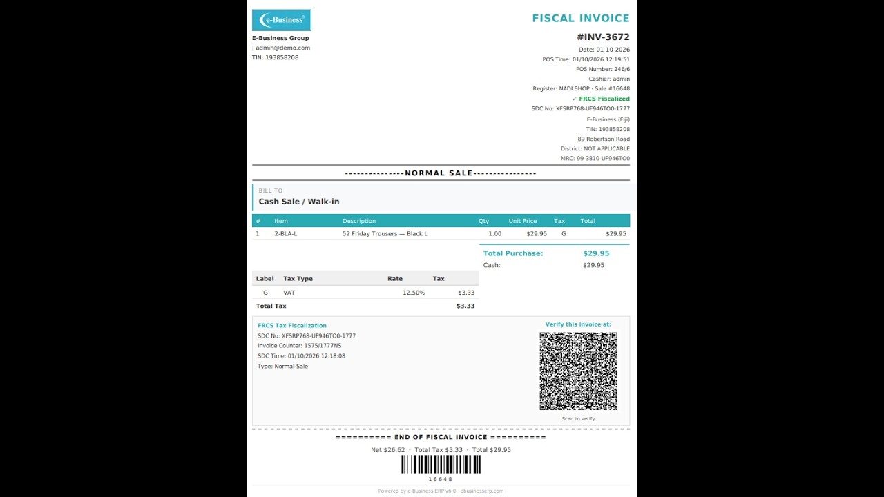 e-Business ERP A4 invoicing video — full-page professional invoices