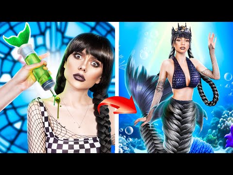 ¡Cambio de Imagen Extremo de Merlina Addams y Enid a Sirena! ¡Cómo Convertirte en Sirena!