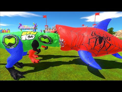 DEADPOOL T REX with BEN 10 TREX vs SHARK SPIDERMAN CASTLE DEATH RUN - Animal Revolt Battle Simulator