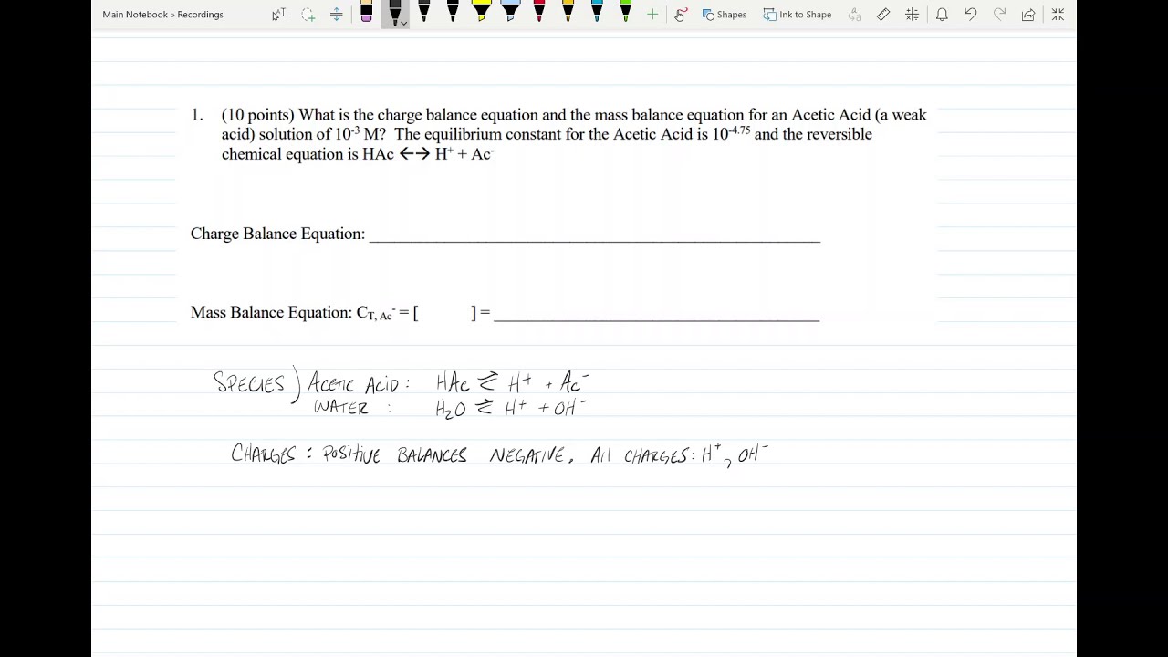 What is the charge balance equation and the mass balance equation for Acetic Acid?
