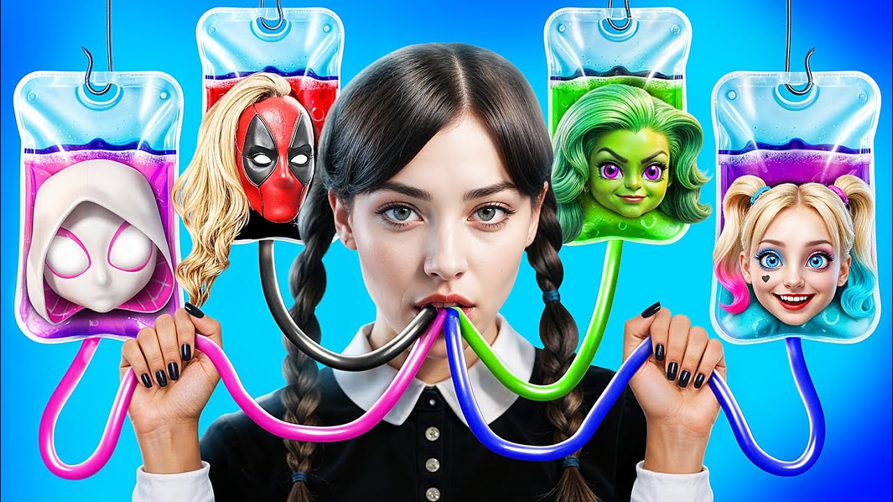 Wednesday Addams foi Adotada pelos Super-Heróis! Harley Quinn vs Deadpool vs LadyBug vs Barbie!